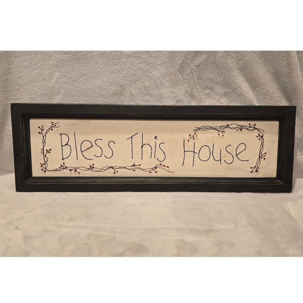 Primitive Country Bless This House Embroidered Framed Wall Art Decor Sign